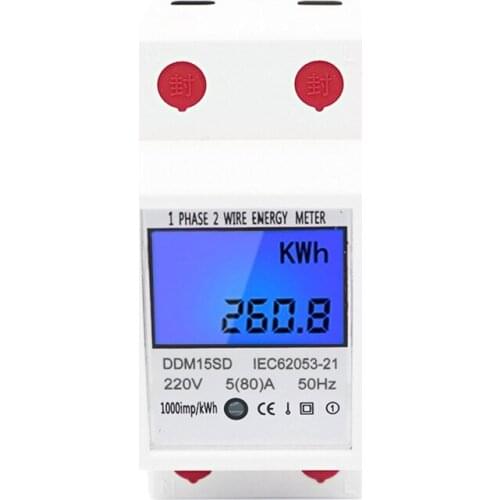 LCD Backlight 1Phase 2Wires 5(80A) Energy Meter Din Rail Electric Meter Monitor
