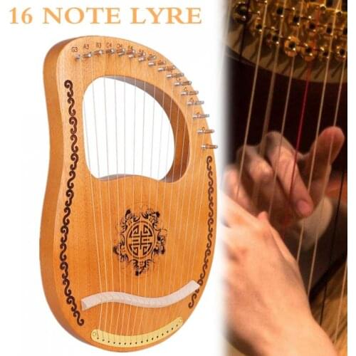 16 Strings Mini Lyre Harp Solid Mahogany Wood Carving Pattern with Tuning Hammer String Instrument
