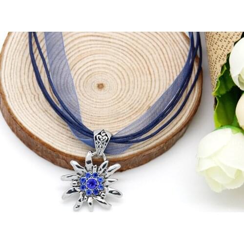 2016 Trendy Jewelry Choker Necklace Plated Deep Blue Crystal Edelweiss Pendant Ribbon Chain Necklace