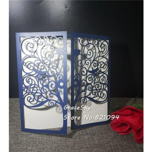 Free shipping 50pcs/Lot Laser Cut Happy Big Tree design Wedding Birthday Invitation Cards With text customized RSVP cards