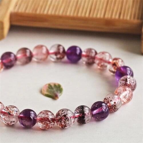 7.7mm Natural Super Seven 7 Crystal Rutilated Melody Stone Hair Beads Bracelet