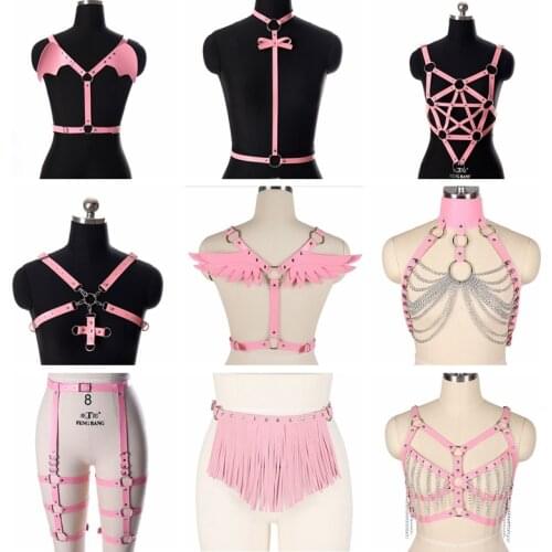 Body Harness Bra Leather Pink Gothic Belt Chest Bondage Top Pentagram Sexy Lingerie Suspender Punk Adjustable Festival Rave