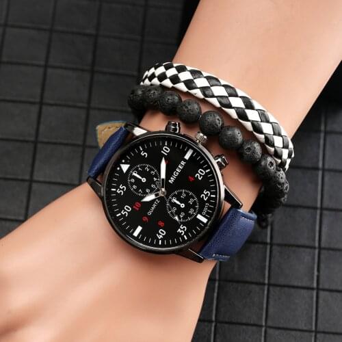 Unique Blue Wristwatch Bracelet Set Chic Quartz Digital Dial Leather Watches Mens Elastic Braided Bracelets Exquisite Gifts Box