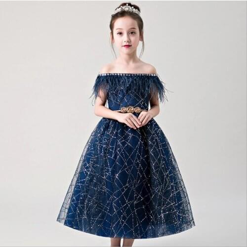 Flower Girl Bead Decoration Long Dress Girl Wedding Party Ball Gown Beauty off Shoulder Kids Girls Pageant First Communion Dress