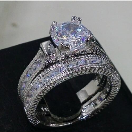 Size5/6/7/8/9/10 6mm Vintage Jewelry 14kt white gold Filled AAA CZ Simulated stones Round Cut Women Wedding band Ring Set gift