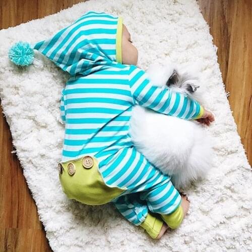 2020 Hot sell Autumn baby clothes Hooded Long sleeve baby rompers blue stripe baby boy girl clothing set newborn infant Outfits