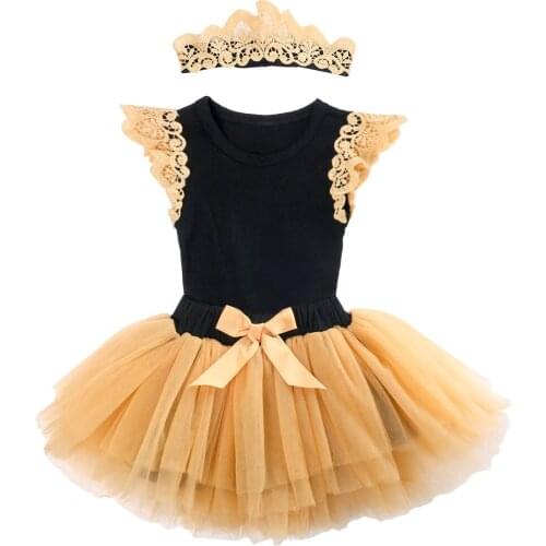 3pcs Set Newborn Infant Kid Baby Girls Casual Flying Lace Sleeve Bodysuits Jumpsuit Mesh Tutu Skirt Headband Costume Set