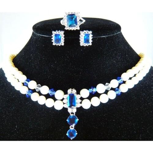 Women Bridal Jewelry Sets Blue Zircon Costume Fine Jewellery Wedding White Freshwater Pearls Necklace Earrings Ring Pendant Set