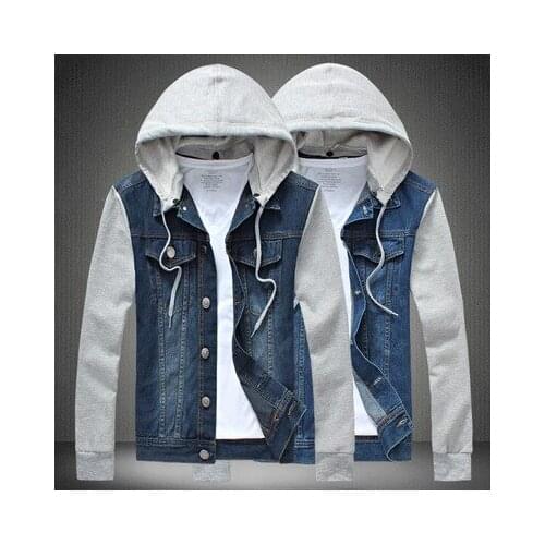 Korean version of Hooded mens denim removable hooded jacket mens jacket size jacket large size jacket