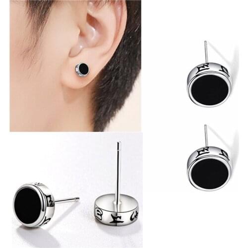 Trendy Black Buddhism Stud Earrings For Men Jewelry Pure Silver 925 Earring Male Piercing Accessories Fashion Letter Ear Bijou
