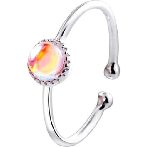 Fashion Rings for Women S925 Silver Jewelry Round Created Moonstone Open Finger Ring Wedding Party Gift Accessories Wholesale