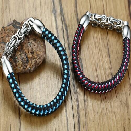 2021 Fashion Trend Europe And Ameerica Style Stainless Steel Chain Leather Braided Red Blue Bracelet Suitable For Women And Men