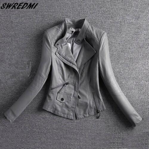 SWREDMI Motorcycle Leather Coat Spring And Autumn Grey Leather Jacket Outerwear Short Mandarin Collar Lady Leather Clothing Tops