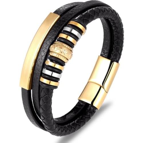Classic Punk Multilayer Leather Stainless Steel Mens Charm Leather Bracelet Accessories for New Years Gift