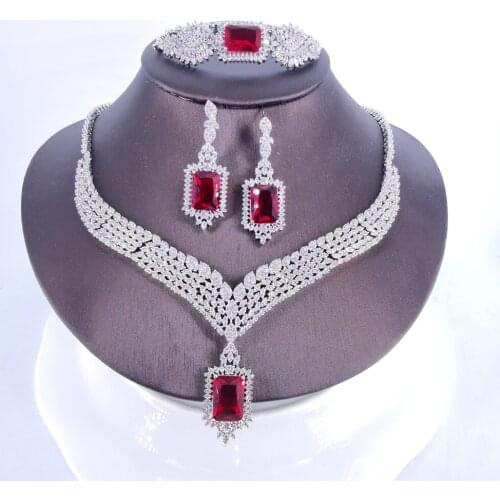 New fashion luxury red squre crystal flower zircon necklace earring wedding bride banquet dinner jewelry set free shipping