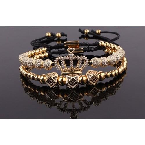 New Design Luxury Crown Bracelet Jewelry Gold Plated CZ Pave Charm Beaded Macrame Bracelet Set Male