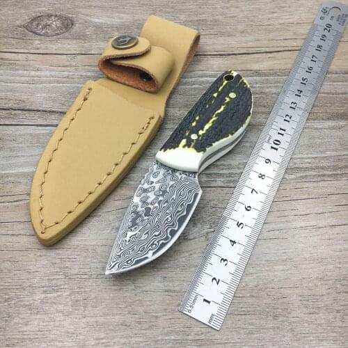Copper+ antlers handle Damascus steel blade Camping knife Survival Hunting knives with leather sheath knives fixed EDC knife