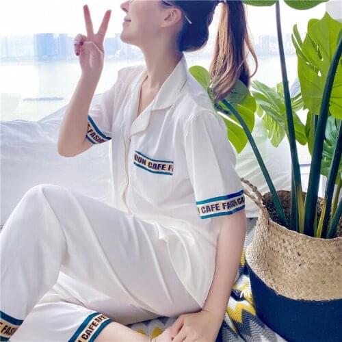 Short sleeve Women Pajamas Set V-Neck Pant Sleep Suit Female Lounge nightwear DZA211