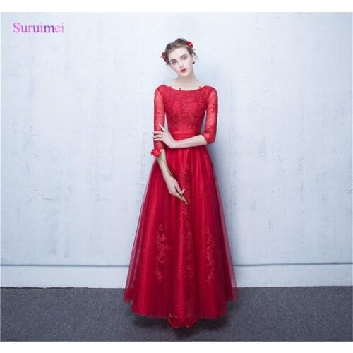 Half Sleeves Prom Dresses Tulle With Lace Applique Sash Lace Up Back Sheer Illusion Red Long Prom Gown Grils Dresses