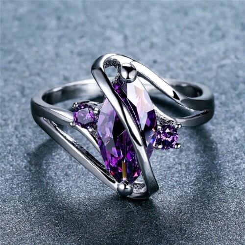 Luxury Female Purple Leaf Crystal Ring Minimalist Silver Color Wedding Rings For Women Classic Zircon Stone Engagement Ring