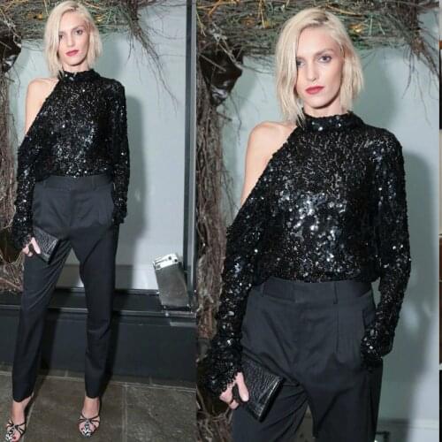 Chic Black Sequined Womens Tops One Shoulder Blouse blusa feminina for Party Sequins Sparkly Custom Made Long Sleeves Party Top