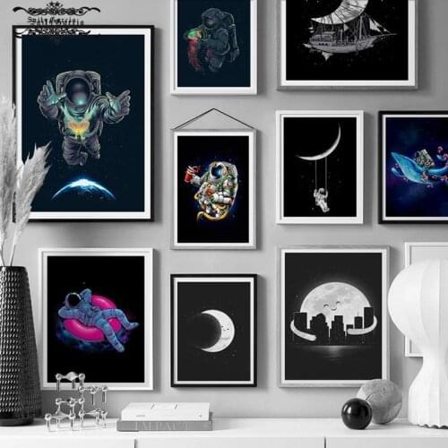 Nordic Abstract Posters and Prints Astronaut Moon Whale Canvas Painting Art Wall Art Interior Pictures for Bedroom Home Decor