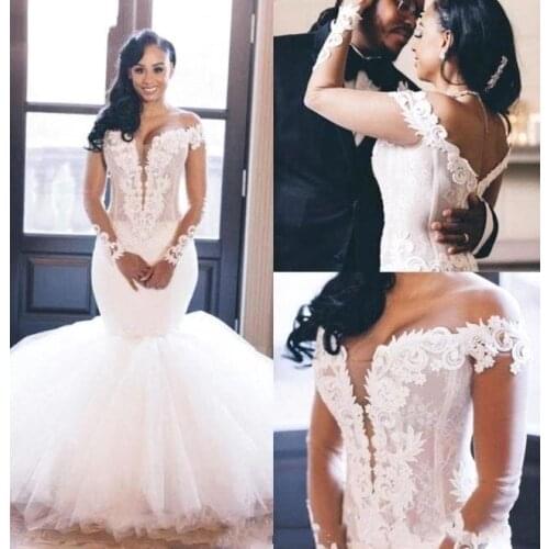 African Plus Size Mermaid Wedding Dresses V Neck Off Shoulder Long Sleeve Ruched Ruffles Appliques Wedding Dress Bridal Gowns