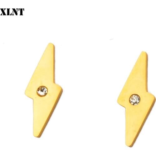 XLNT Vintage Crystal Thunder Earrings Pendientes Hombre Gold Lightning Bolt Stud Earrings For Women Men Stainless Steel