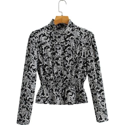0243 Summer Women’s Blouse Print Black Half High Collar Long Sleeve Top Elastic Waist Ruffle Vintage Fashion Slim Fit Shirt Lady