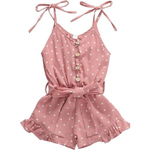 1-6Y Summer Toddler Baby Girl Strap Sleeveless Bandaged Rompers Jumpsuit Heart Love Print Shorts Outfits