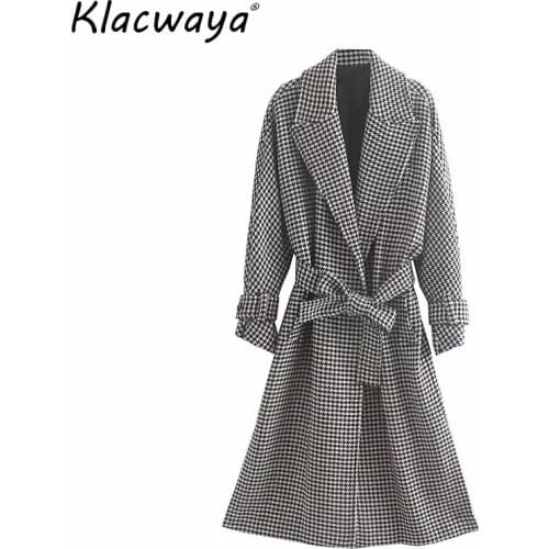 Vintage women plaid long coats 2019 fashion women Houndstooth jackets with belt female winter casual coat feminine girls chic