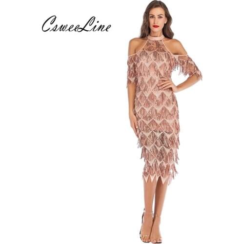 New Arrival Tassels Sequin Midi Dresses Women Elegant Sexy Rose Gold Party Dress Ladies Fringes Off Shoulder Club Sequin Dress