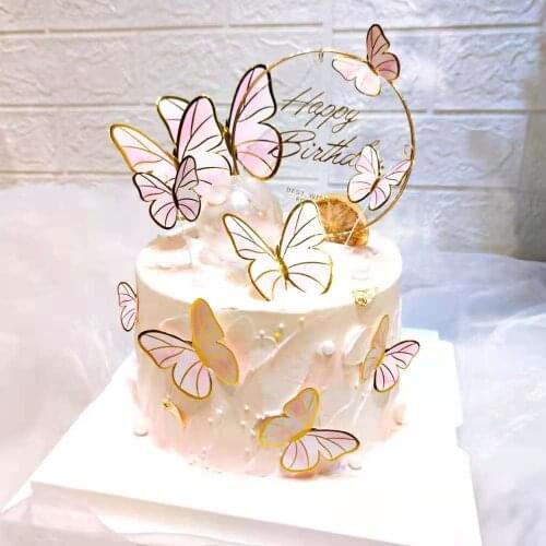 1set Happy Birthday Cake Toppers Cake Decoration Handmade Painted Butterfly Cake Topper Baby Shower Wedding Decorations Supplies