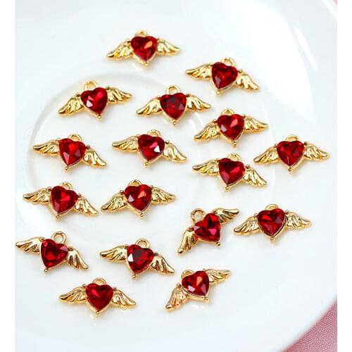 10Pcs 17*10mm Colorful Crystal Heart Wing Charms Gold Color Alloy Wings Love Pendant Accessories Wholesale For DIY Jewelry Craft