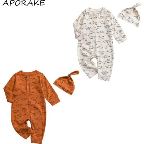2021 0-24M Spring Fall Infant Baby Girl Boy Jumpsuit Dinosaur Print Long Sleeve Button O Neck Romper+Hat Casual Outfits 2pcs
