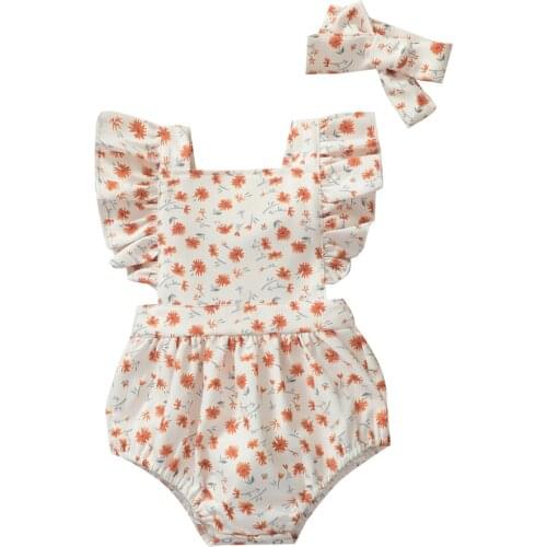 Infant Newborn Baby Girls Ruffled Sleeveless Bodysuits Floral Summer Jumpsuits With Headband 2Pcs Fashion Clothes Outfits