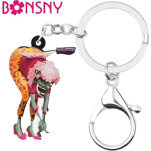 Bonsny Acrylic Halloween Evil Zombie Keychains Realistic Printing Keyring Jewelry For Women Kid Classic Gift Purse Accessories