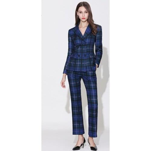 Pants Suit Women Plaid Elegant Formal Office Lady Work Business Wear Clothes Slim Blazer Jacket Pantsuits 2 Piece Set Plus Size
