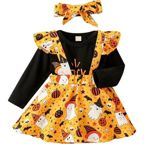 Toddler Baby Girls Cartoon Halloween Outfits Newborn Letters Bodysuits Suspenders Skirt Hairband Clothes 0-12Months