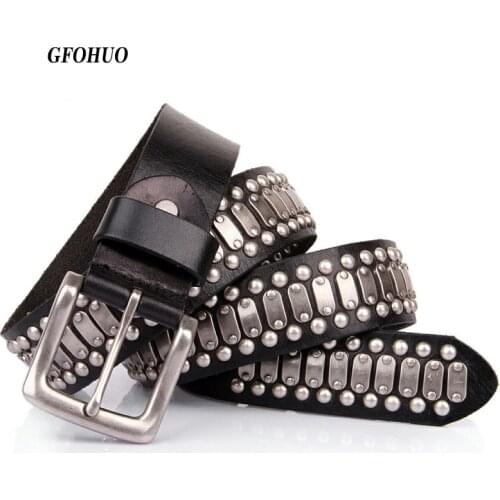 GFOHUO 100% Genuine Leather Metal pin buckle men Belt Male Wide Cowhide Hiphop Rock Rivet belts for Men Ceinture Black
