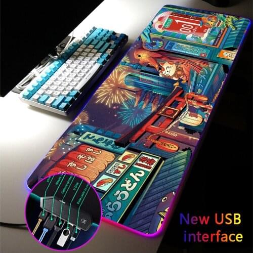 MRGLZY RGB Gaming Mouse Pad LED 4-Port Anime Japanese Street Mousepad Large USB Hub Rugs Mat Games Computer PC DeskMat for Csgo