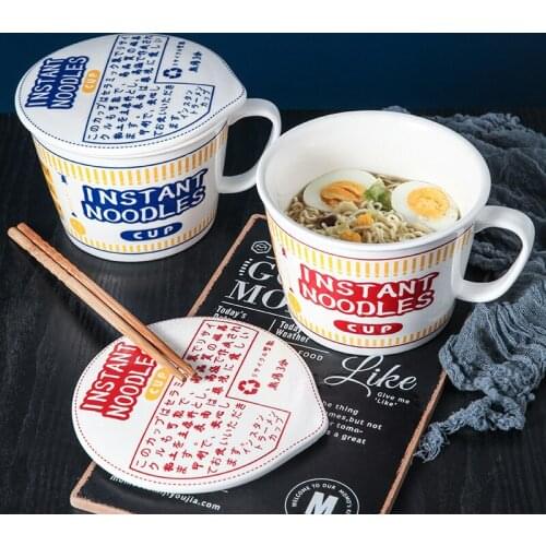 Creativity High Capacity Ceramic Instant Noodle Bowl With Cover Spoon Chopsticks Rest Ramen Bowl Set Couple Instant Noodle Cup