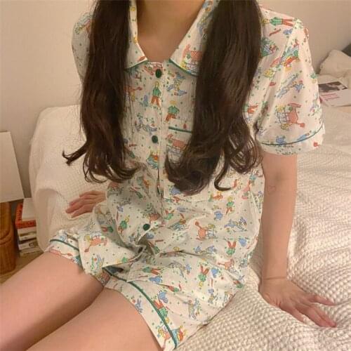 Kawaii Shirts + Shorts Set Summer Home Suit Cartoon Print Two Piece Pajamas Set Funny Cotton Soft Pockets Homewear Sleepwear