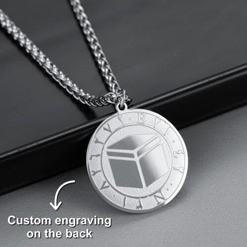 KAABA COORDINATES COIN NECKLACE FOR MEN Gold Islamic Arabic Personalized Engraved Neckalce Stainless Steel Chain Muslim Jewelry