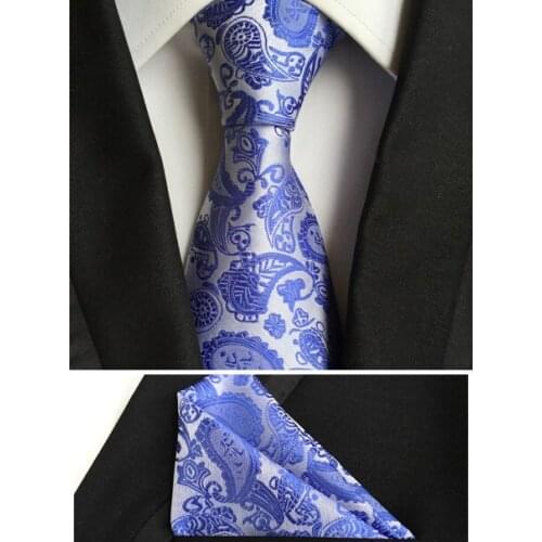 New Fashion Ties SET Popular Men Wedding Party Necktie White with Turquoise Paisley Pattern Handkerchiefs