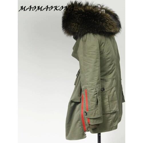2017 New Autumn Winter Coats Women Jackets Long Real Large Raccoon Fur Collar Thick Fur Liner Ladies Outwear Army Green Black