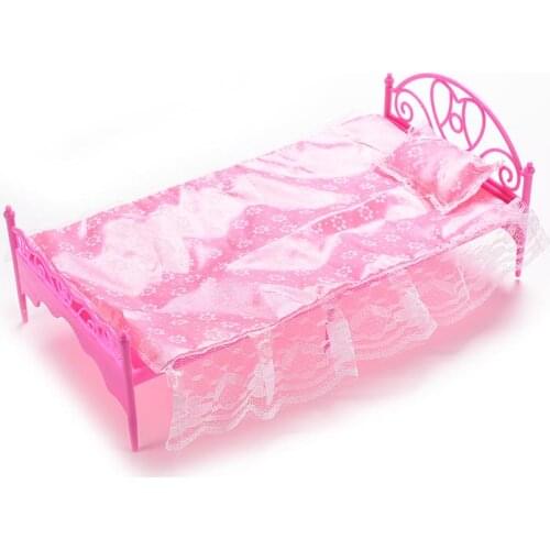 New3PCS/SET Pink Nightgown & Single Bed Dollhouse Furniture & Pillow Bed Sheet For Dolls Children Toys Color Random