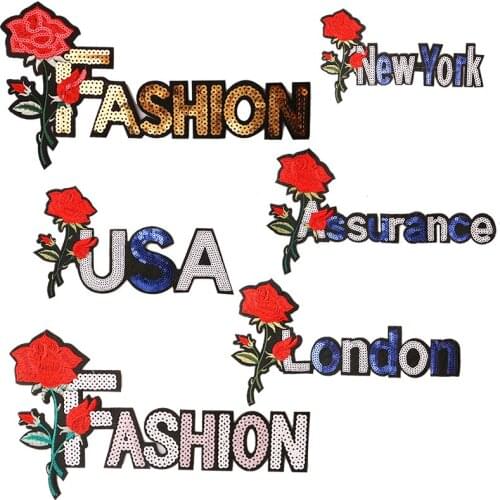 New York USA with rose sequin icon Embroidered Iron on Patches for Clothing DIY Stripes Clothes Patchwork Stickers Custom Badges