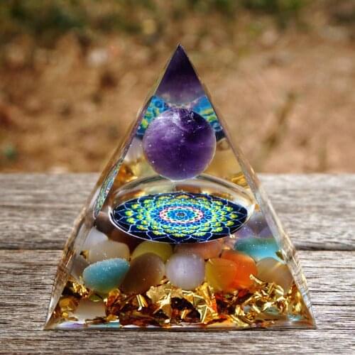 Handmade Orgonite Pyramid 60mm Amethyst Sphere With Mandala Pattern Patch HEALING Crystal Reiki Orgone Chakra EMF Protection