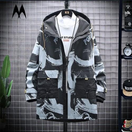 2021 Autumn High Street Men Hooded Jackets Camo Print Harajuku Windbreaker Coat Mens Casual Cargo Outwear Hip Hop Streetwear